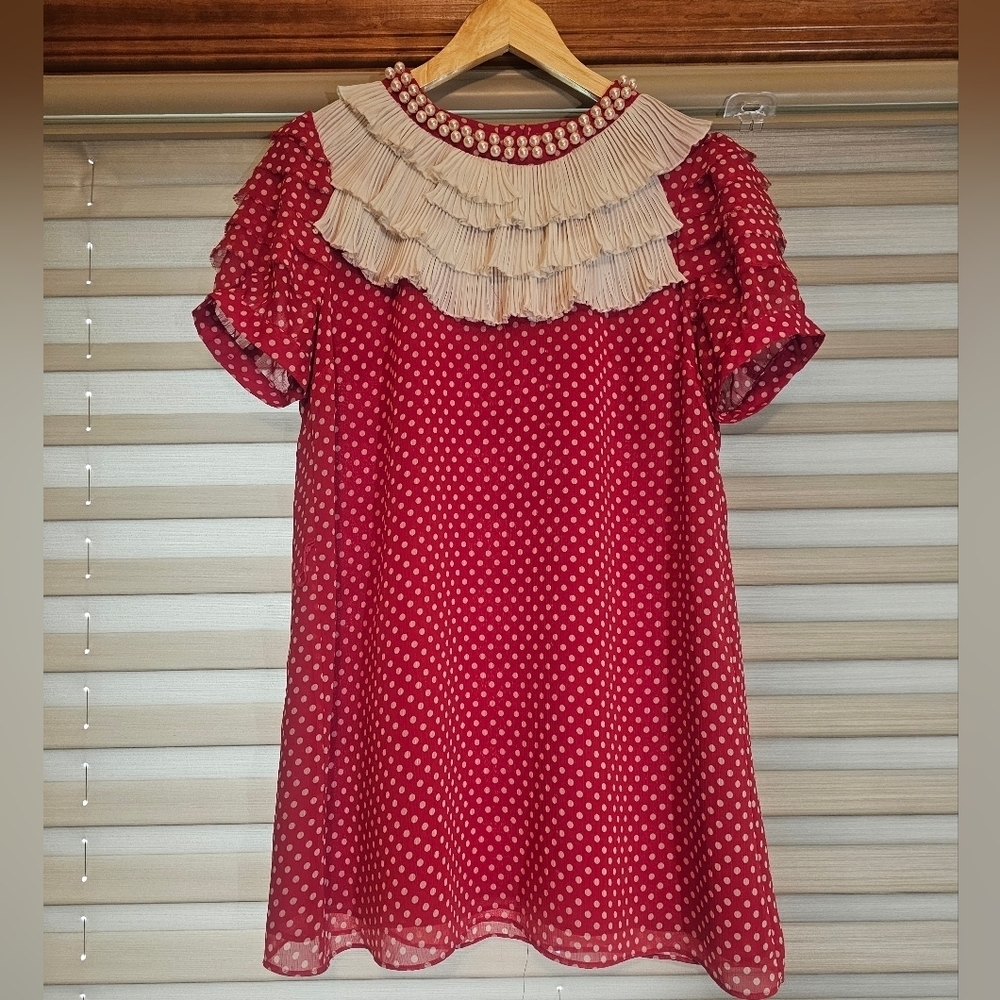 Twelve by Twelve Red Polka Dot Mini Dress with Cream Ruffle Collar